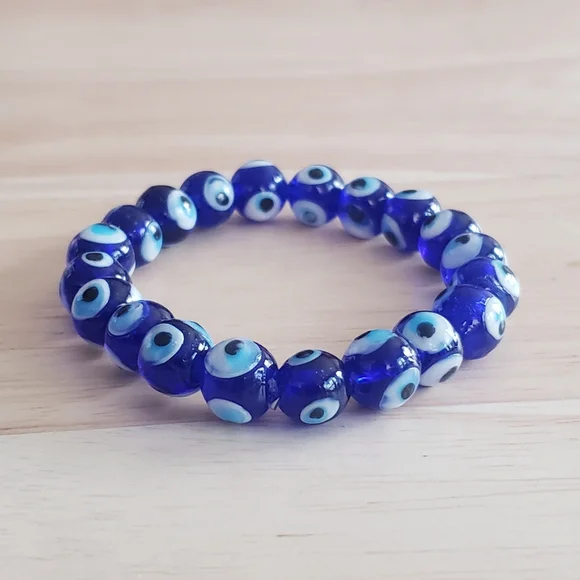Glass Blue Evil Eye Stretchy Beaded Bracelet - Picture 4 of 7